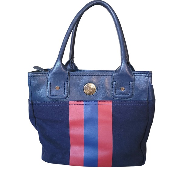 Tommy Hilfiger Satchel Purse‎ Handbag Tote Striped Blue Red Faux Leather Canvas - Picture 1 of 9